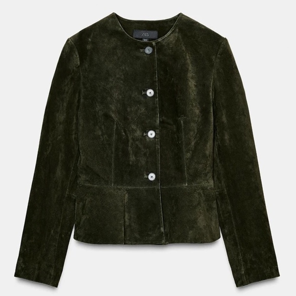 Zara NWT Olive Green Genuine Suede Peplum Jacket L Tailored Button Front Blazer